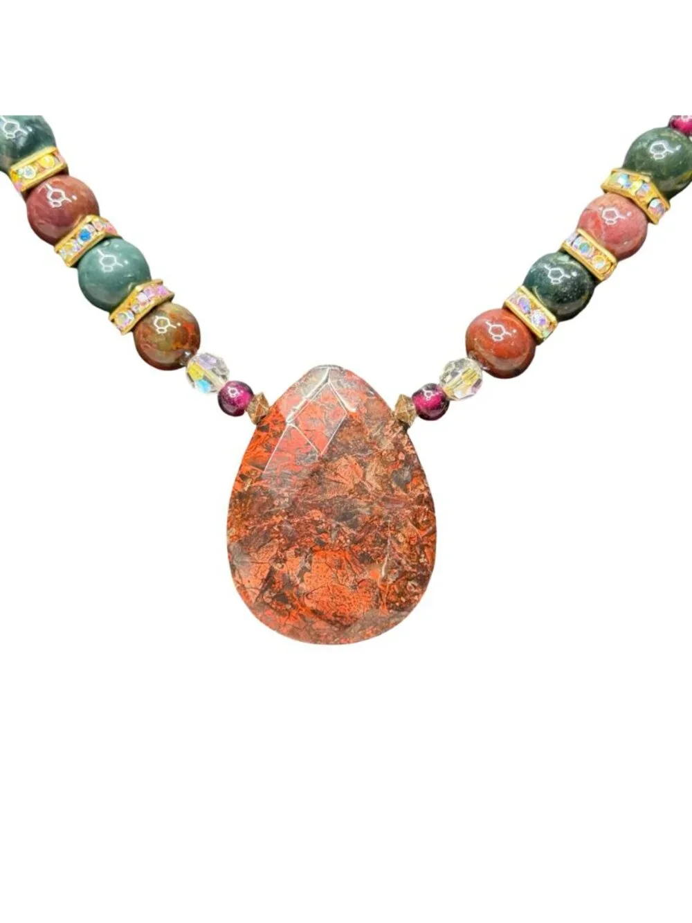 Vintage Jasper Adventurine Garnet Beaded Necklace Teardrop Pendant Statement 25" - Picture 2 of 10
